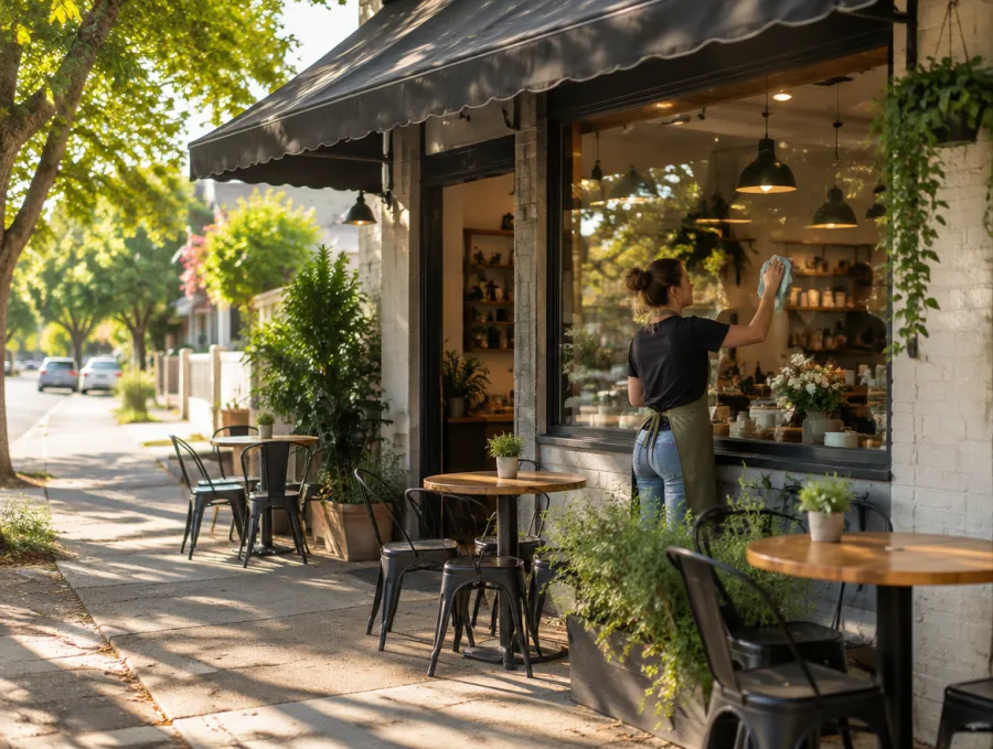 Local cafe shopfront on a suburban street